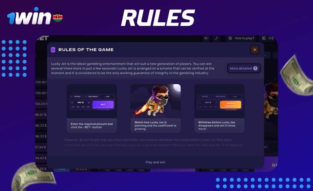 Rules for playing the Lucky Jet gambling game on 1win in Kenya.