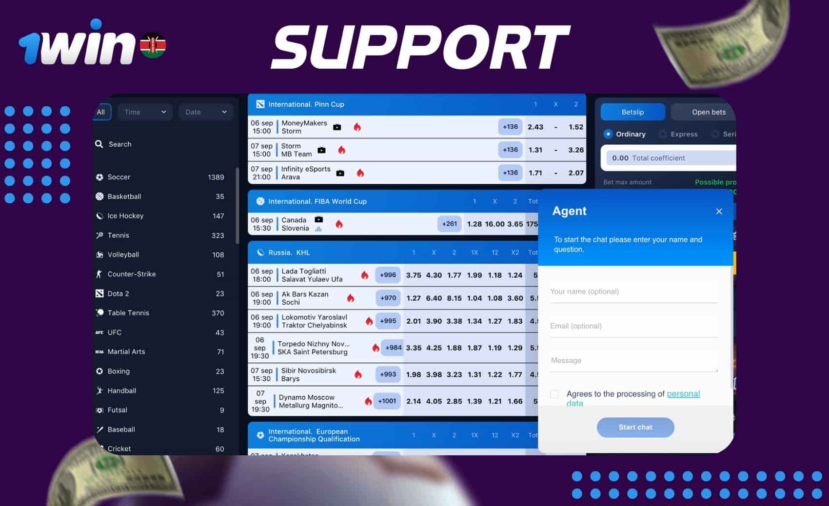 Support information for the 1win Kenya gambling platform.