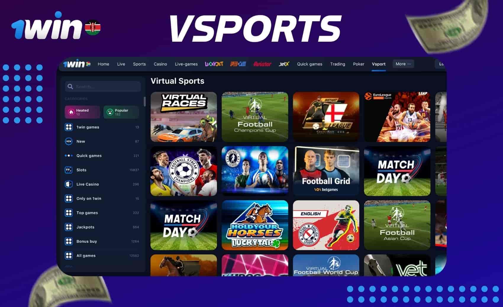 Introduction to the Vsports gaming section available at the 1win Kenya website.