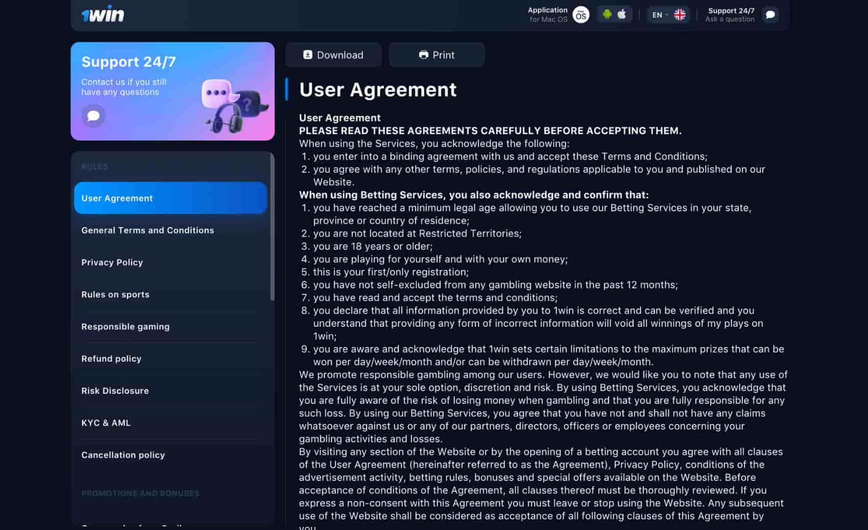 Agree to the Terms and Conditions of 1Win.