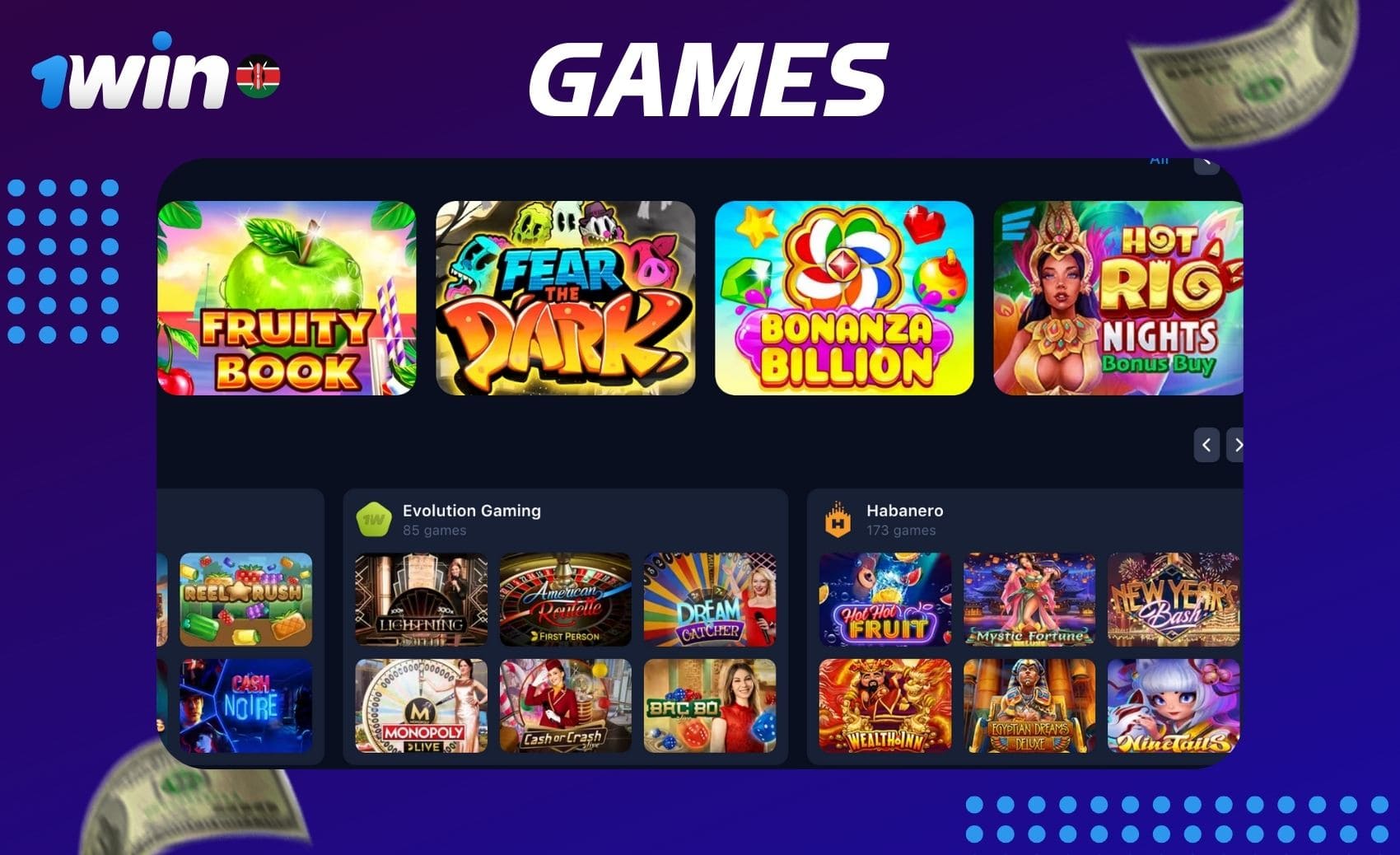 An overview of the varied games available at the 1win Kenya online casino.