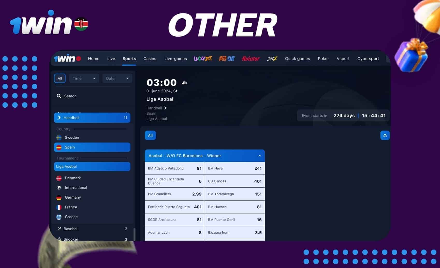 There are various other sports available for betting at 1win Kenya.